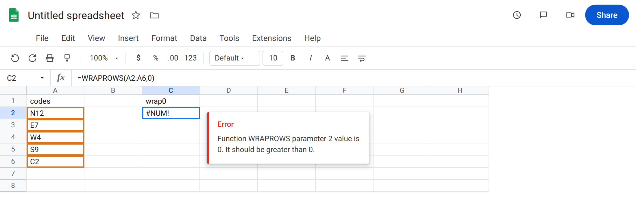 C2 selected. Formula bar shows =WRAPROWS(A2:A6,0). C2 is #NUM!. Tooltip: Function WRAPROWS parameter 2 value is 0. It should be greater than 0. A2:A6 is N12, E7, W4, S9, C2.