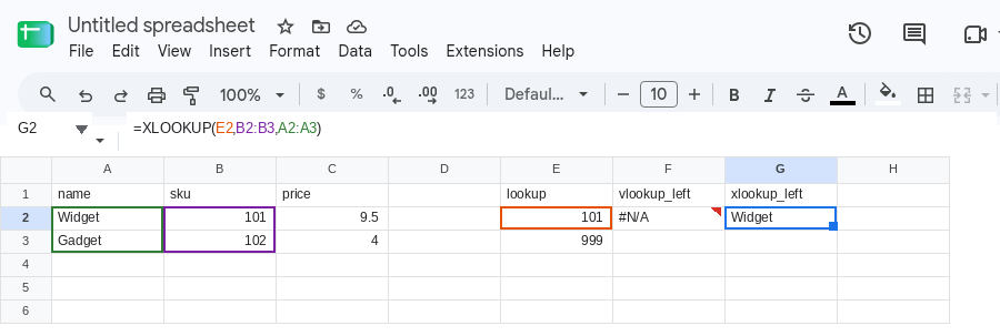 G2 selected. Formula bar shows =XLOOKUP(E2,B2,A2). G2 is Widget. F2 is still #N/A.