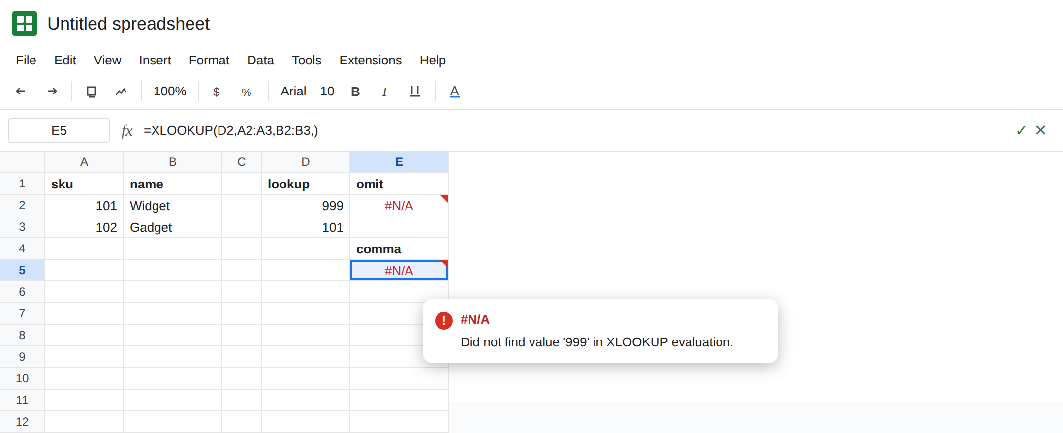 E5 selected. Formula bar shows =XLOOKUP(D2,A2:A3,B2:B3,). E5 is #N/A. Tooltip: Did not find value '999' in XLOOKUP evaluation. D2 is 999. A2:A3 is 101 and 102.