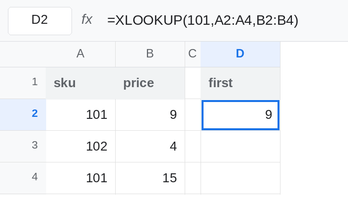 D2 selected. Formula bar shows =XLOOKUP(101,A2:A4,B2:B4). D2 is 9. A2 and A4 are both 101. B2 is 9 and B4 is 15. No error triangle.