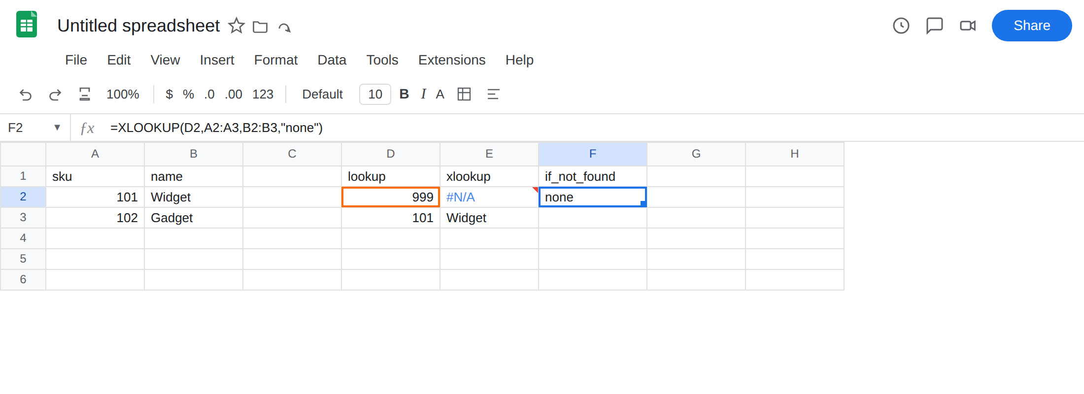 F2 selected. Formula bar shows =XLOOKUP(D2,A2:A3,B2:B3,"none"). F2 is none. E2 is still #N/A. E3 is Widget.