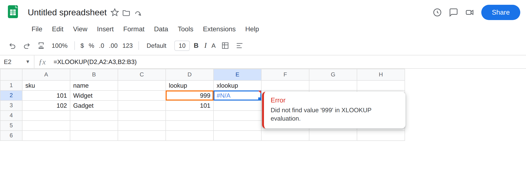 E2 selected. Formula bar shows =XLOOKUP(D2,A2:A3,B2:B3). E2 is #N/A. Tooltip: Did not find value '999' in XLOOKUP evaluation. D2 is 999. A2:A3 is 101 / 102.