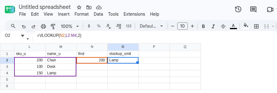 O2 selected. Formula bar shows =VLOOKUP(N2,L2,2). O2 is Lamp. Table L is unsorted 200/Chair, 100/Desk, 150/Lamp.