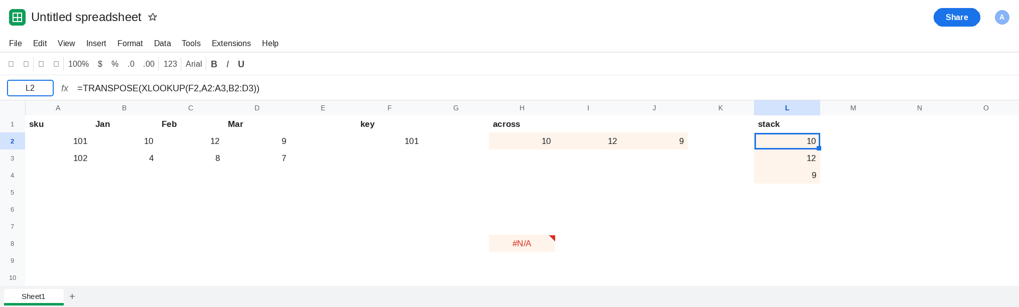 L2 selected. Formula bar shows TRANSPOSE of XLOOKUP of F2 on A2:A3 returning B2:D3. L2:L4 is 10, 12, 9. H2:J2 is the same three numbers across. H8 is still the size error.