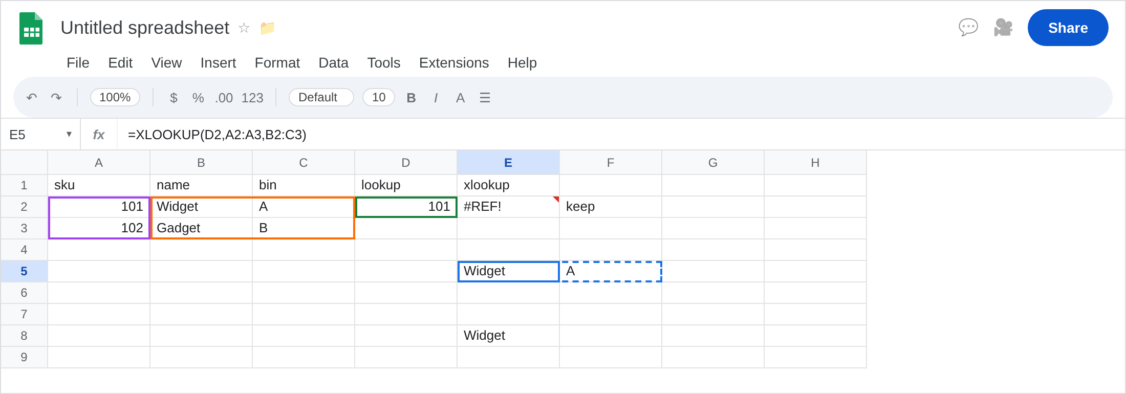 E5 selected. Formula bar shows =XLOOKUP(D2,A2:A3,B2:C3). E5:F5 is Widget / A. E2 is still #REF!. F2 is keep. E8 is Widget only from a one-column return.
