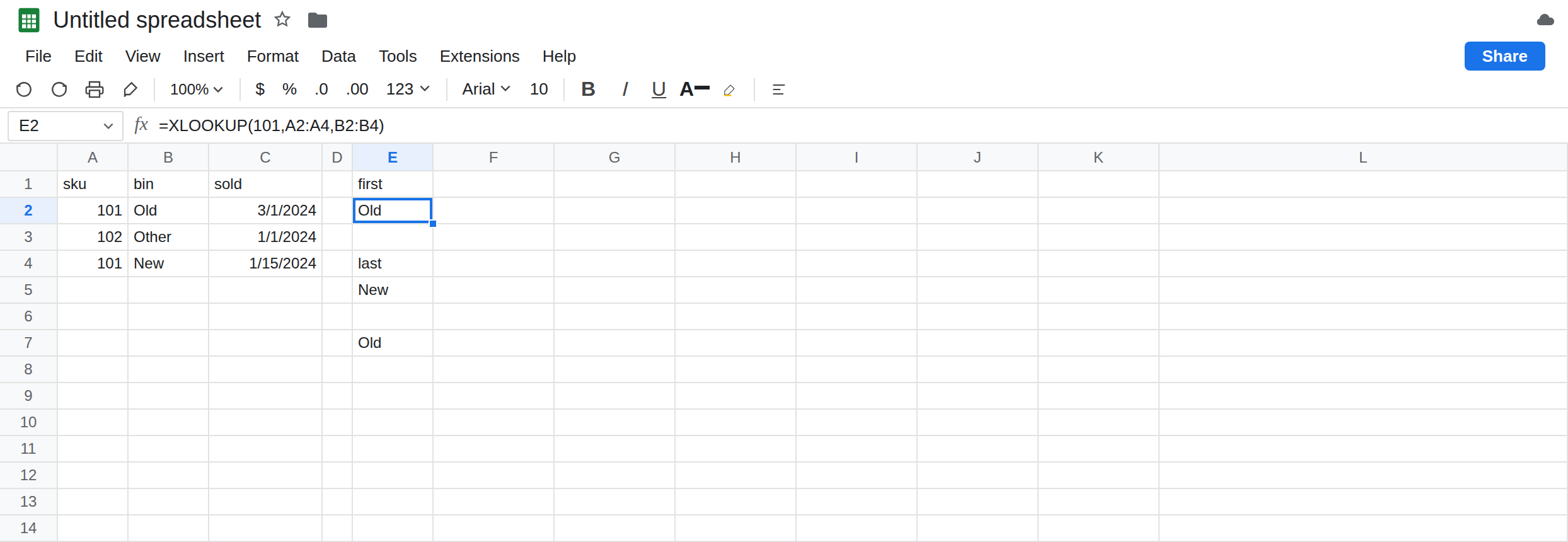 E2 selected. Formula bar shows =XLOOKUP(101,A2:A4,B2:B4). E2 is Old. E5 is New from search_mode -1. C2 is 3/1/2024 and C4 is 1/15/2024. E7 is Old because -1 was if_not_found.