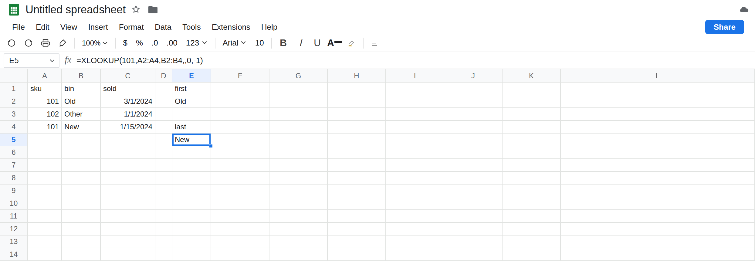 E5 selected. Formula bar shows =XLOOKUP(101,A2:A4,B2:B4,,0,-1). E5 is New. E2 is Old. A2 and A4 are 101. C2 is 3/1/2024. C4 is 1/15/2024. No error triangle.