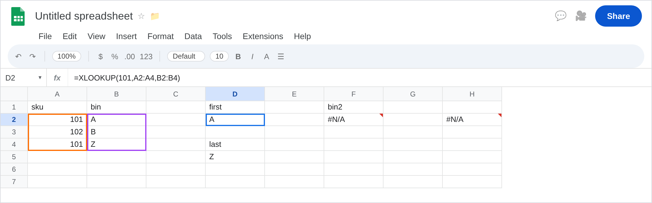 D2 selected. Formula bar shows =XLOOKUP(101,A2:A4,B2:B4). D2 is A. D5 is Z from search_mode -1. F2 is still #N/A or wrong from binary on unsorted 101,102,101.