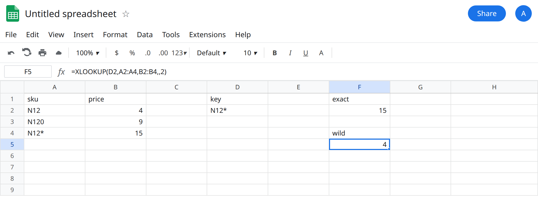 F5 selected. Formula bar shows =XLOOKUP(D2,A2:A4,B2:B4,,2). F5 is 4. F2 is 15 from exact mode. A4 is the sku N12* with price 15.