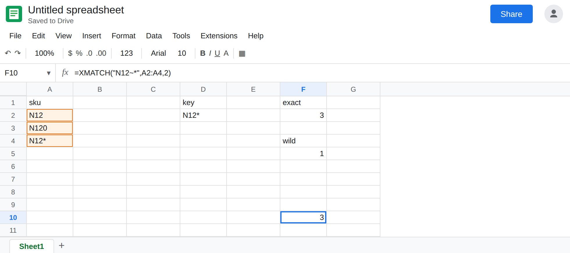 F10 selected. Formula bar shows =XMATCH("N12~*",A2:A4,2). F10 is 3. F5 is still 1. A4 is N12*.