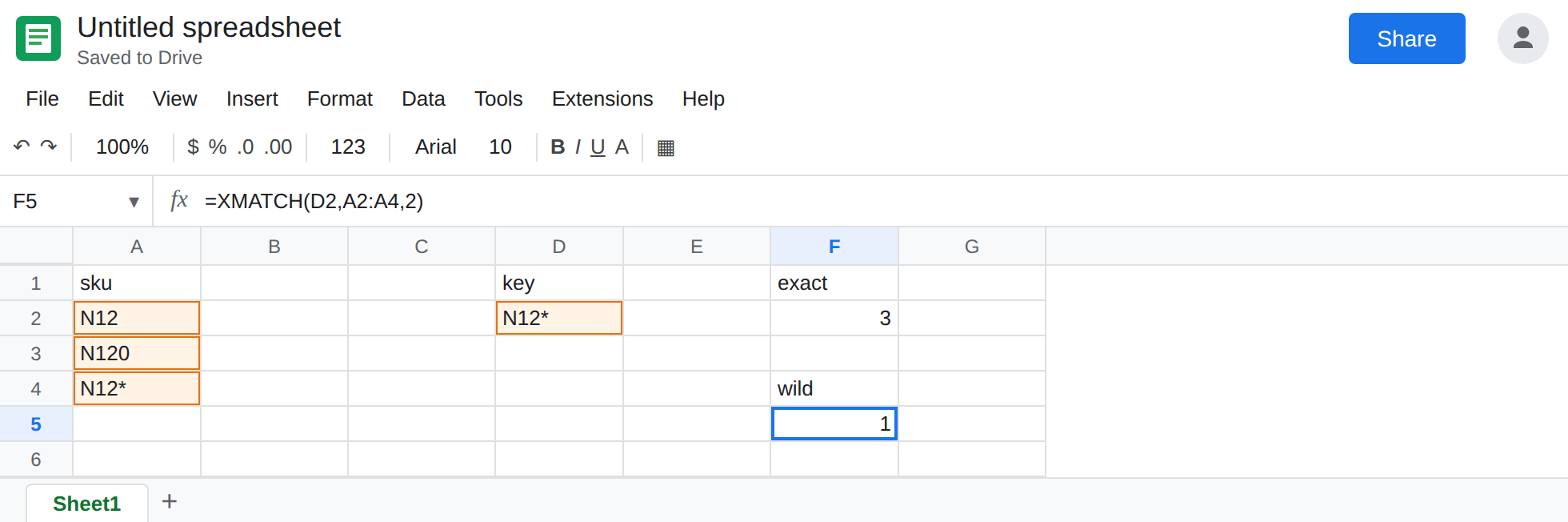F5 selected. Formula bar shows =XMATCH(D2,A2:A4,2). F5 is 1. F2 is 3 from exact XMATCH. A4 is the sku N12* with a literal star.