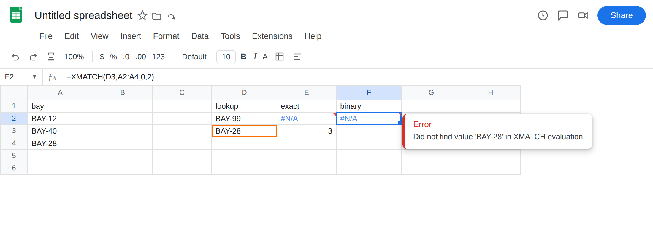F2 selected. Formula bar shows =XMATCH(D3,A2:A4,0,2). F2 is #N/A. Tooltip: Did not find value 'BAY-28' in XMATCH evaluation. E3 is 3. A2:A4 is unsorted BAY-12, BAY-40, BAY-28.