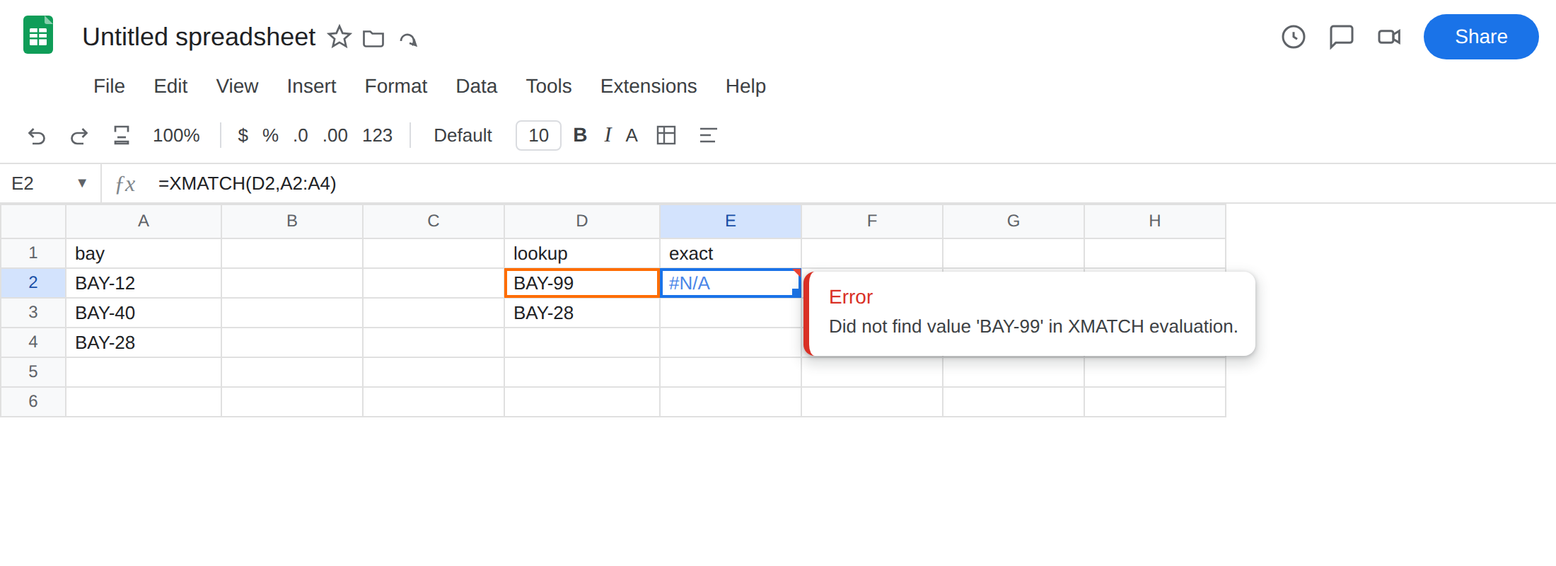 E2 selected. Formula bar shows =XMATCH(D2,A2:A4). E2 is #N/A. Tooltip: Did not find value 'BAY-99' in XMATCH evaluation. D2 is BAY-99. A2:A4 is BAY-12, BAY-40, BAY-28.